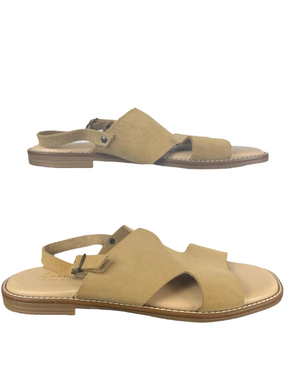 Avellini Italy Tan Suede Slingback Flat Sandals Leather Buckle Size 9.5 - Picture 10 of 12